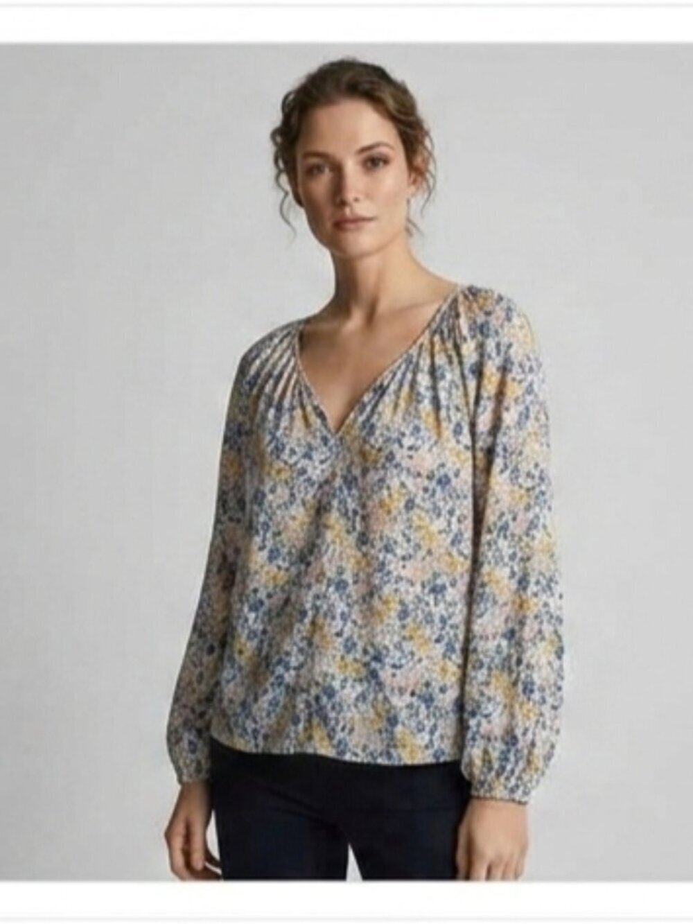 Mango Women's Size 6 Floral Print Drawstring Button Down Balloon Sleeve Blouse
